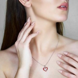 Sterling Silver Valentine Heart Charm Necklace with Red CZ